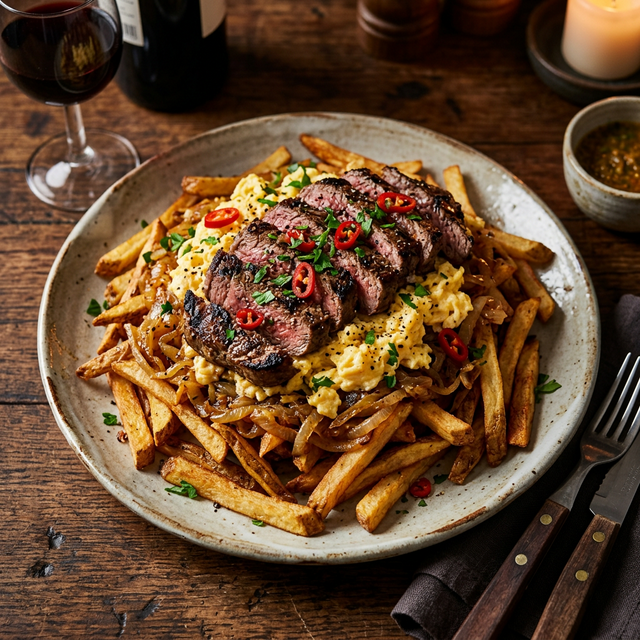 Chorrillana con papas fritas, carne, cebolla y huevo