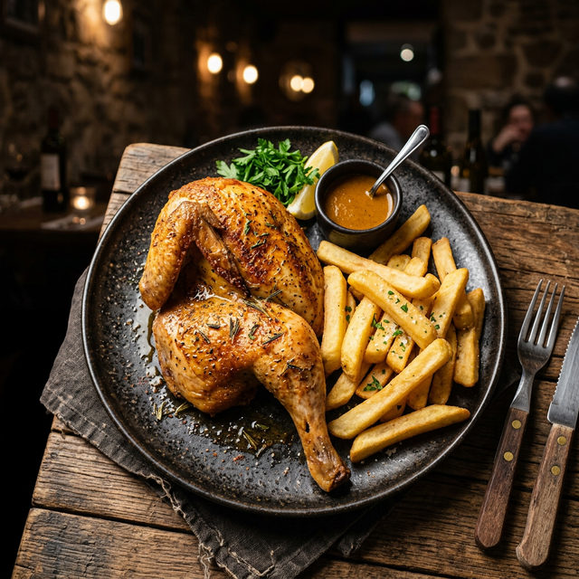 Pollo asado con papas fritas