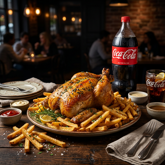 Oferta pollo entero con papas y bebida